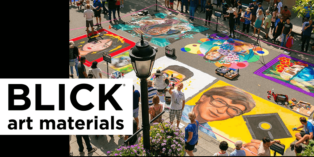 Image: The Blick Logo beside a large chalk art installation, sponsored by Blick