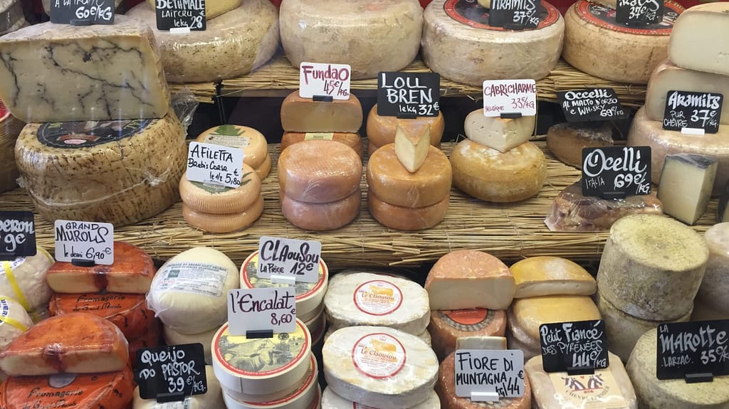 Image: variety of cheese at a market!