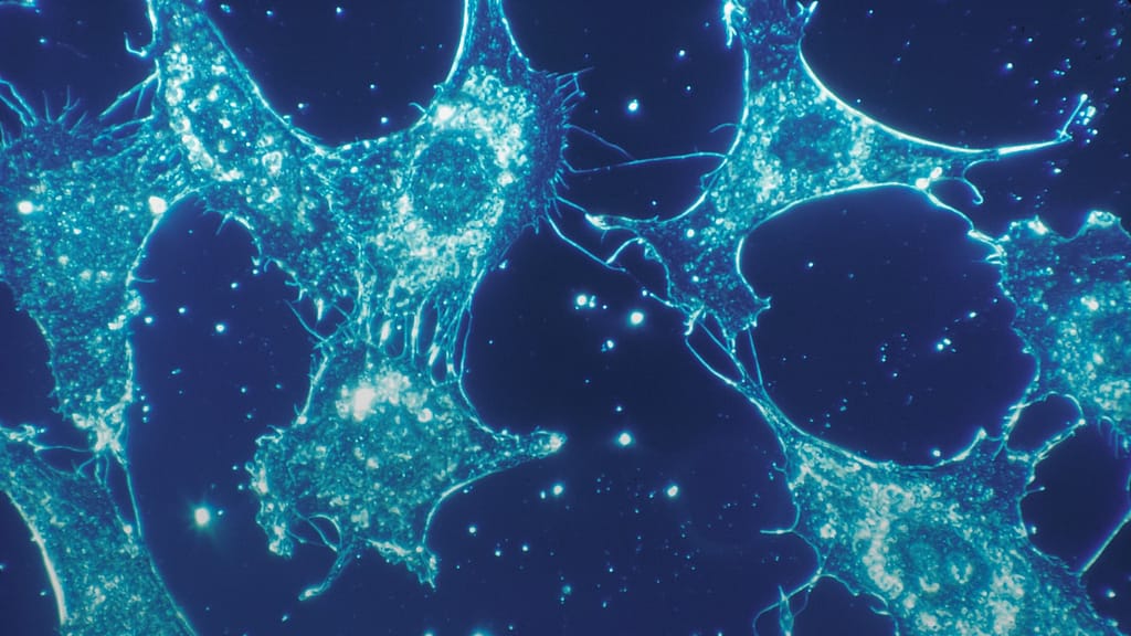 Image: Normal cells of human connective tissue in culture at a microscopic magnification of 500x.