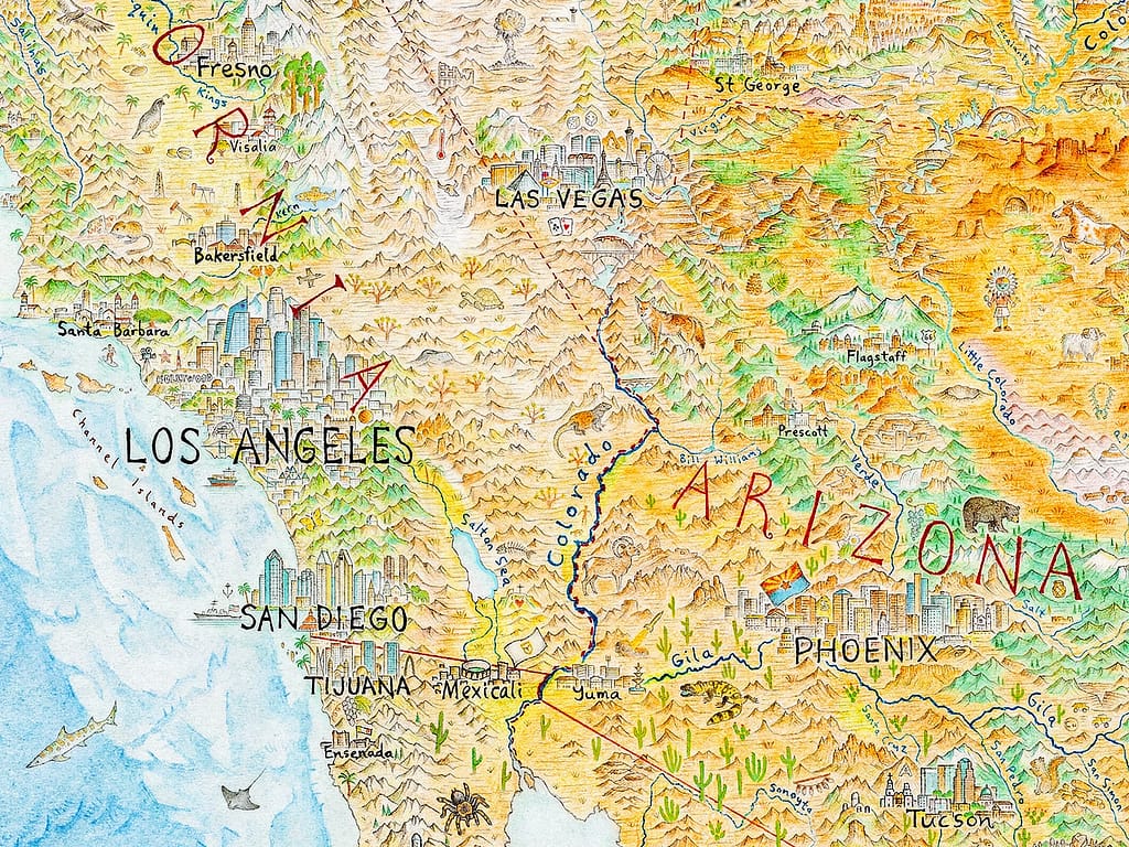 Image: A section of Anton's map of North America, zoomed in on the southwest coast of the Untied States