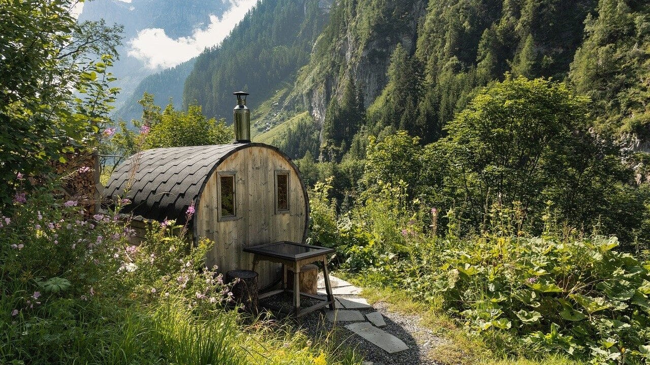 Image: Wooden sauna in the grasses with mountains in the background