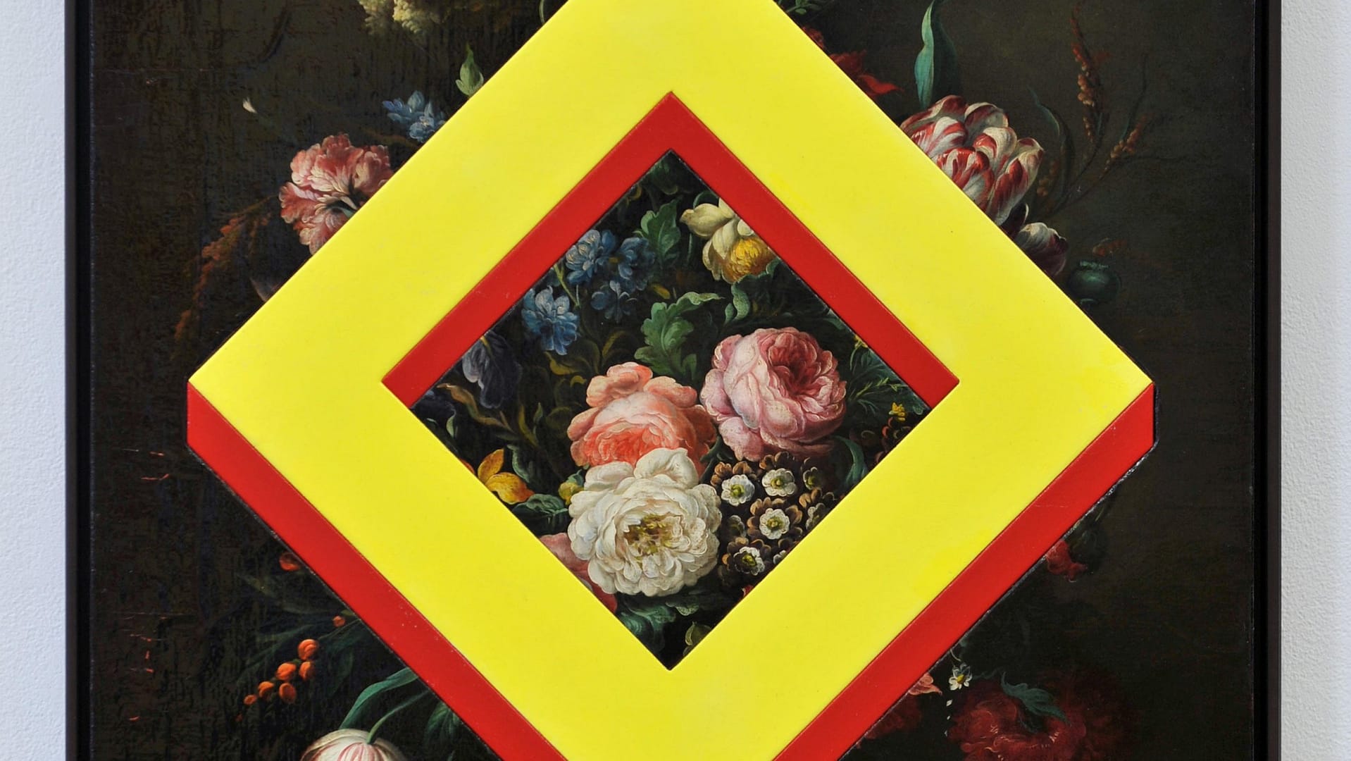Image: A yellow diamond on top of an antique painting of flowers