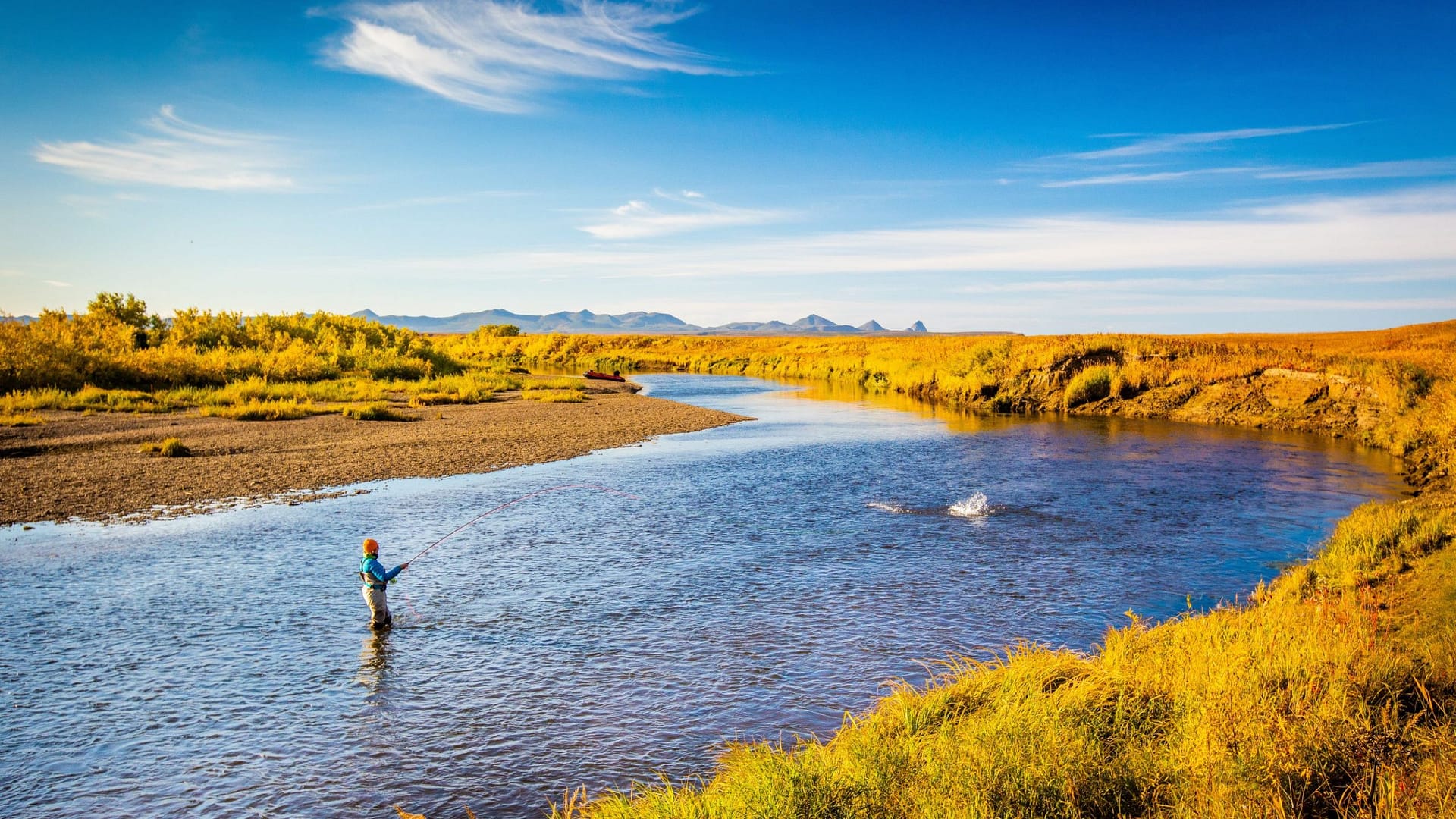 Image: Person fly fishing in a river. Looks like they got a bite!