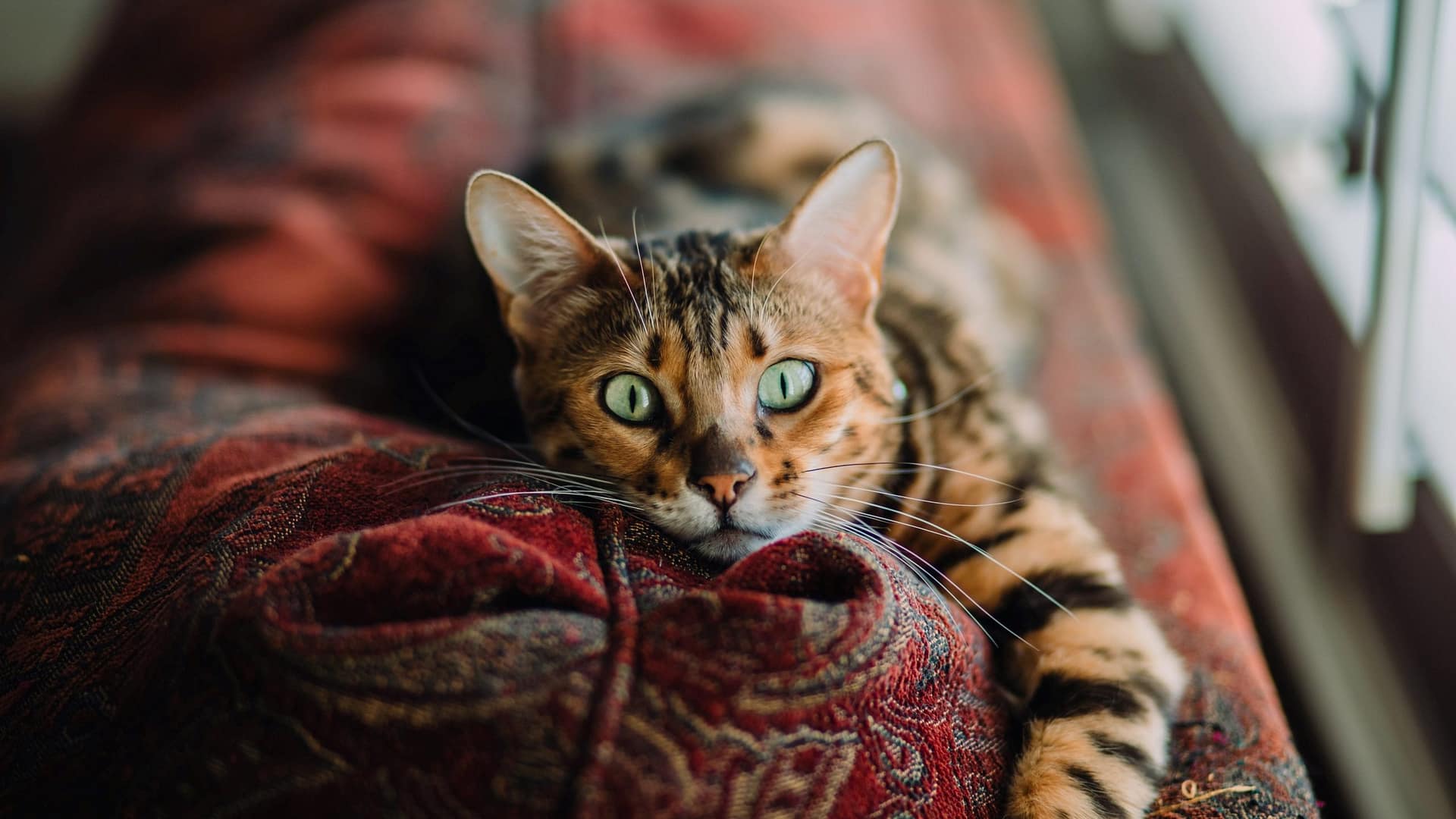 Image: A cat laying on a blanket, looking at the camera. The same type of cat who guards artwork at this Russian museum