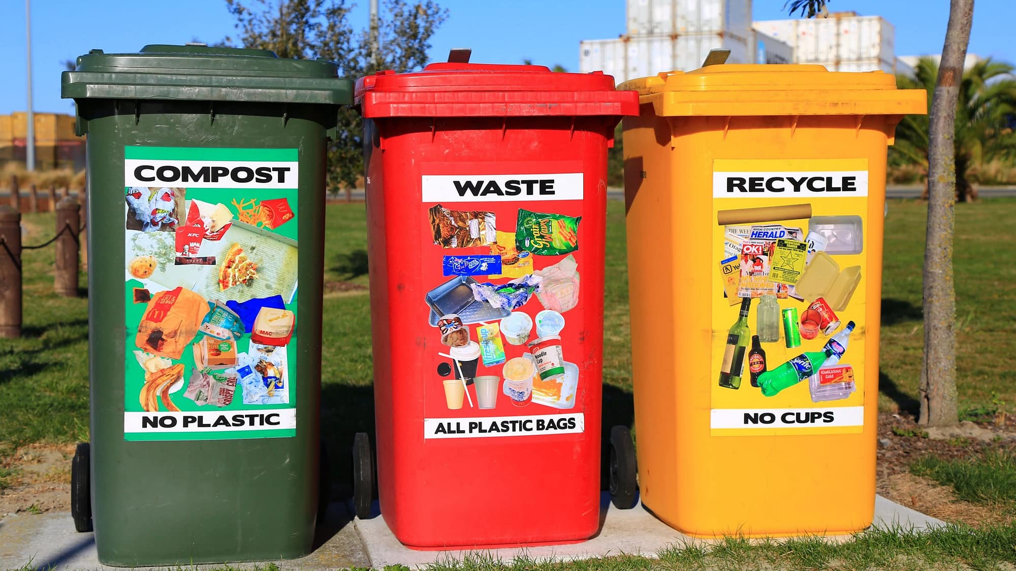 Image: Three bins in a row, a green bin labeled compost, a red bin labeled waste, and a yellow bin labeled recycle