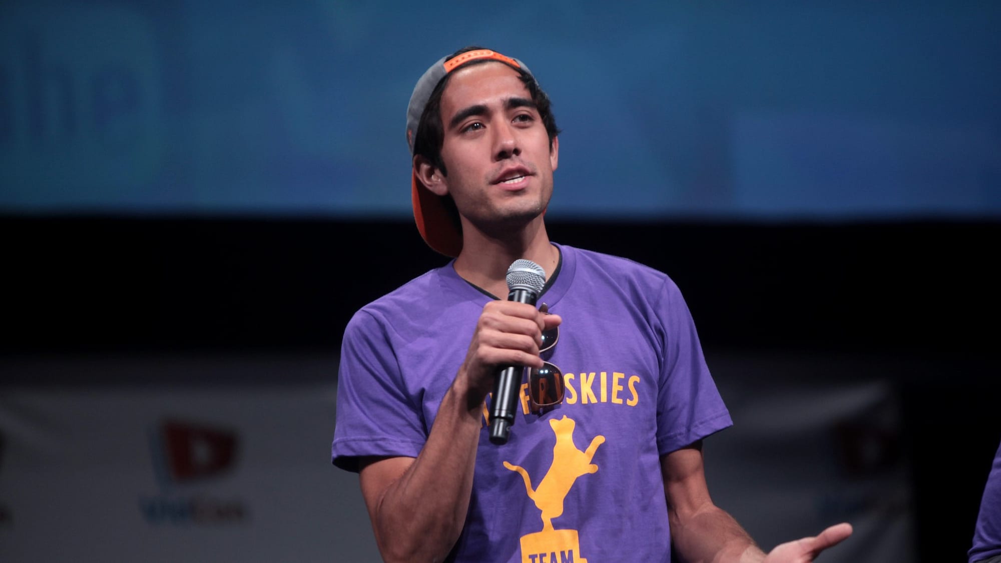 Image: Zach King wearing a purple shirt and backwards baseball cap, speaking on stage at VidCon 2014 in Anaheim, CA.
