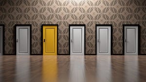 Image: 5 doors, four grey and 1 yellow