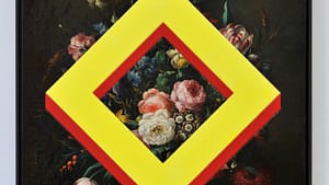 Image: A yellow diamond on top of an antique painting of flowers
