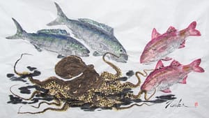Image: Gyotaku print of octopus and fish
