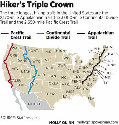 Image: A map of the three trails across the US which are considered the Triple Crown of Hiking