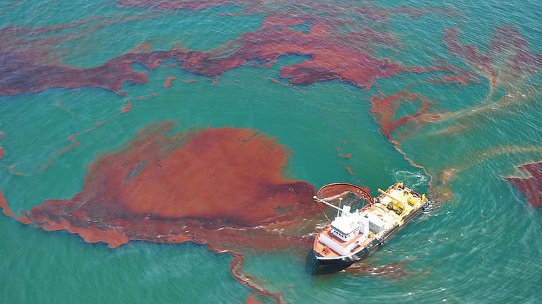 Image: rust colored oil in clear aqua blue water with a boat working to skim oil