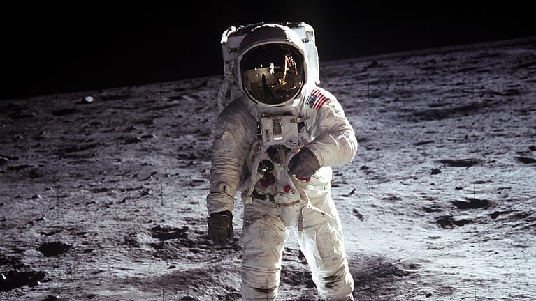 Image: Buzz Aldrin in a spacesuit standing on the moon