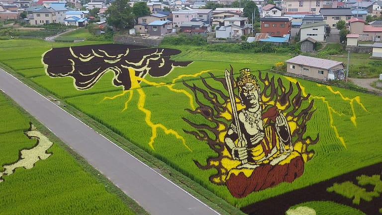 Image: A rice paddy mural in Inakadate, depicting Buddhist diety Acala surrounded by clouds and lightning