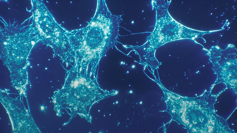Image: Normal cells of human connective tissue in culture at a magnification of 500x.