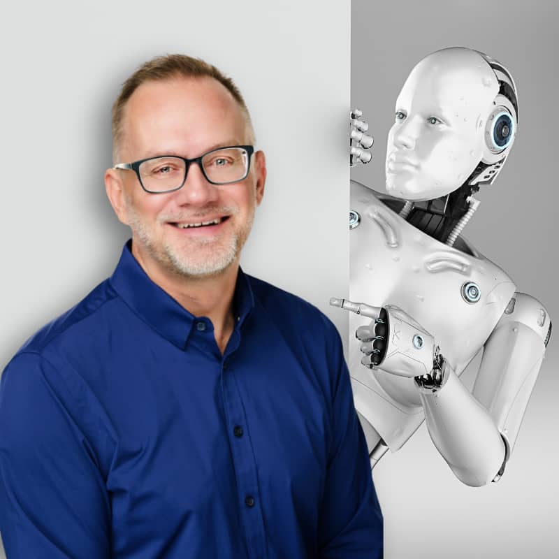 Demystifying AI with Arthur Zards: Tech Expert Arthur Zards with Robot representing AI, or Artificial Intelligence