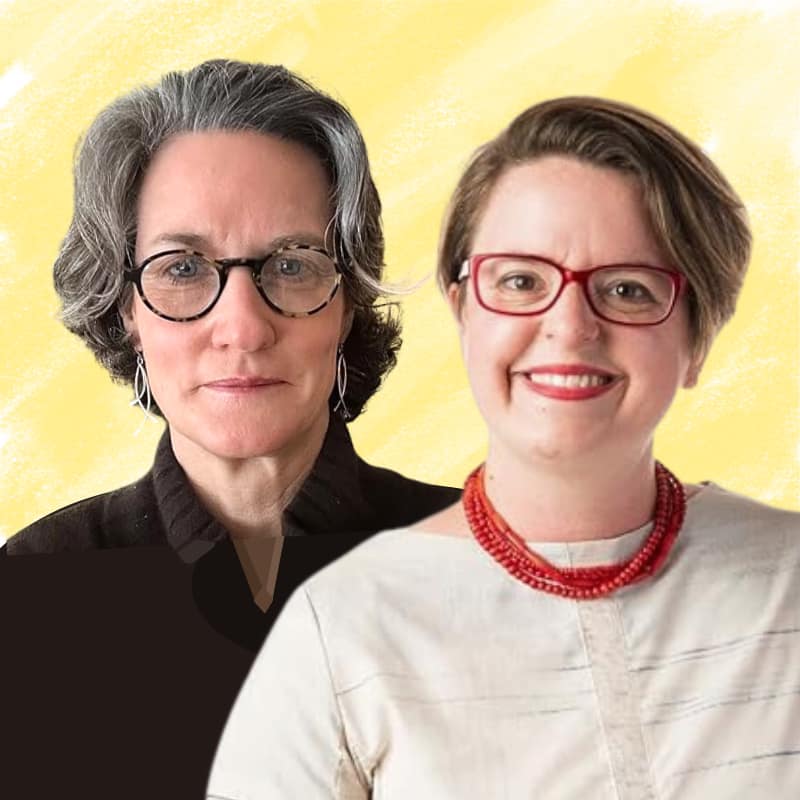 Miriam Novotny (left) and Lindsey Godwin (right) pictured from the shoulders up in relief against a streaky light yellow background.