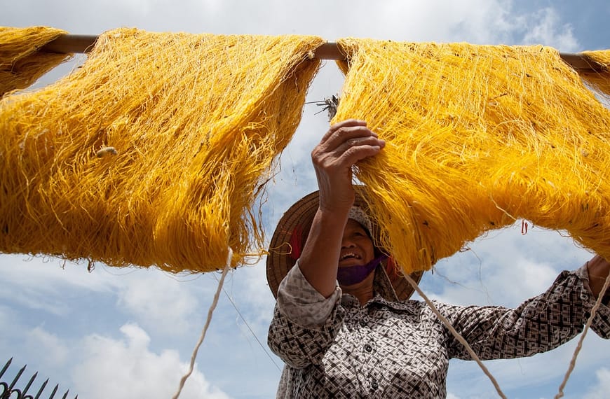 Image: A worm silk farmer hanging silk up to dry.