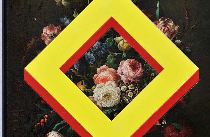Image: A yellow diamond on top of an antique painting of flowers