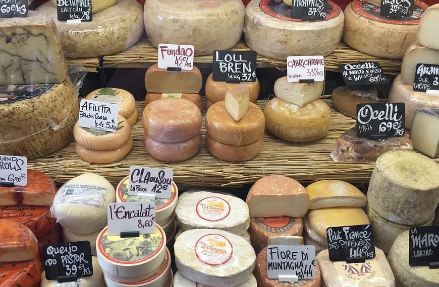 Image: variety of cheese at a market!