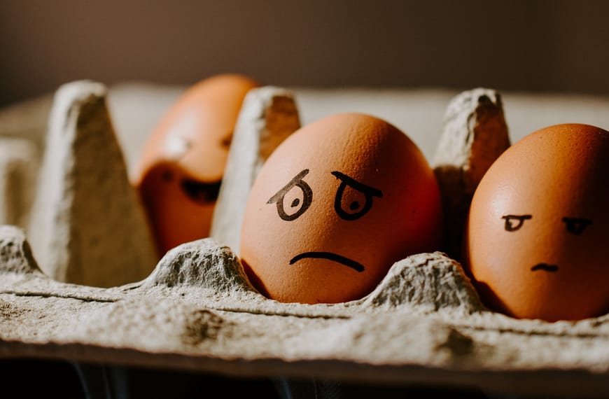 Image: Two eggs in a carton with drawn on faces, one looking worried and the other giving the first egg side eye