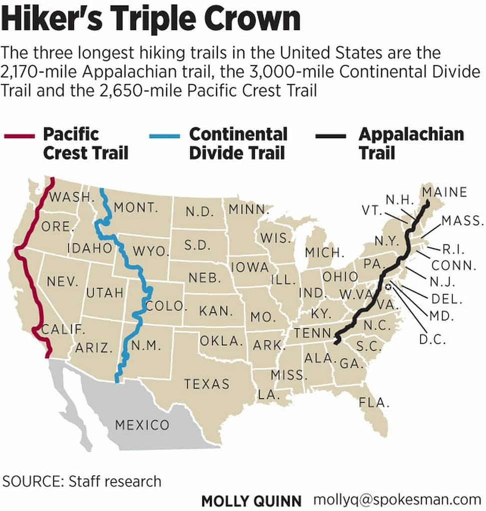 Image: A map of the three trails across the US which are considered the Triple Crown of Hiking