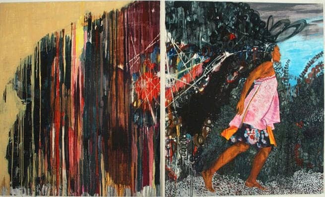 Parade, a diptych by Mequitta Ahuja showing a young woman in short, flowing pink dress containing shades of black and orange at the bottom. She is walking forward towards the right edge of the canvase, and her hair expands out behind her containing fragments of abstracted images in dark colors, including red, yellow, pink, blue., and purple. On the left side of the canvas the background is a golden yellow, but where the woman walks it is mostly dark foliage, with some blue sky peeking through in the background.
