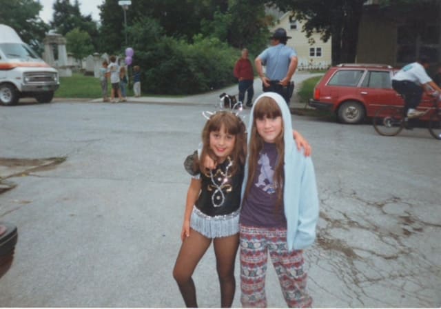 Our Outreach Coordinator, Renee (Left) in sparkly dance costume