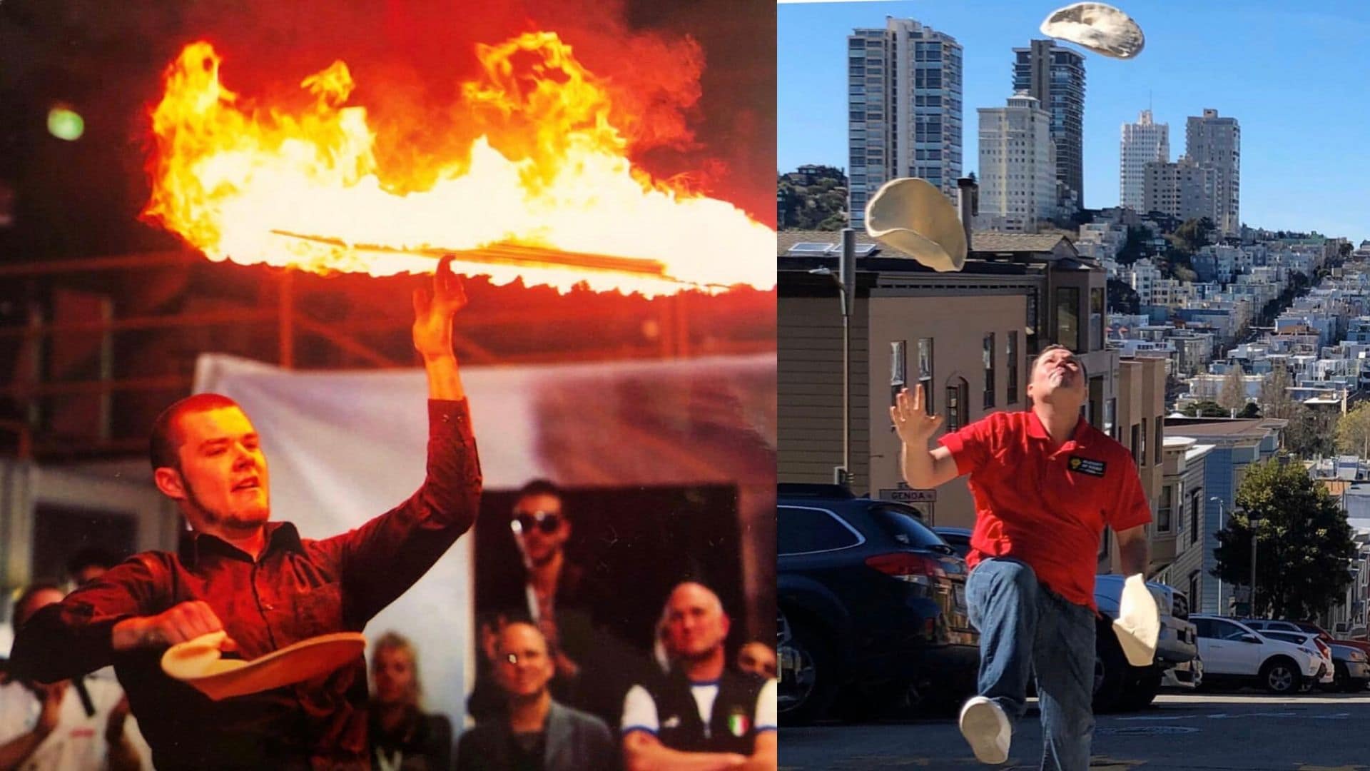 Image: Justin Wadstein spinning fire pizza and juggling pizza dough