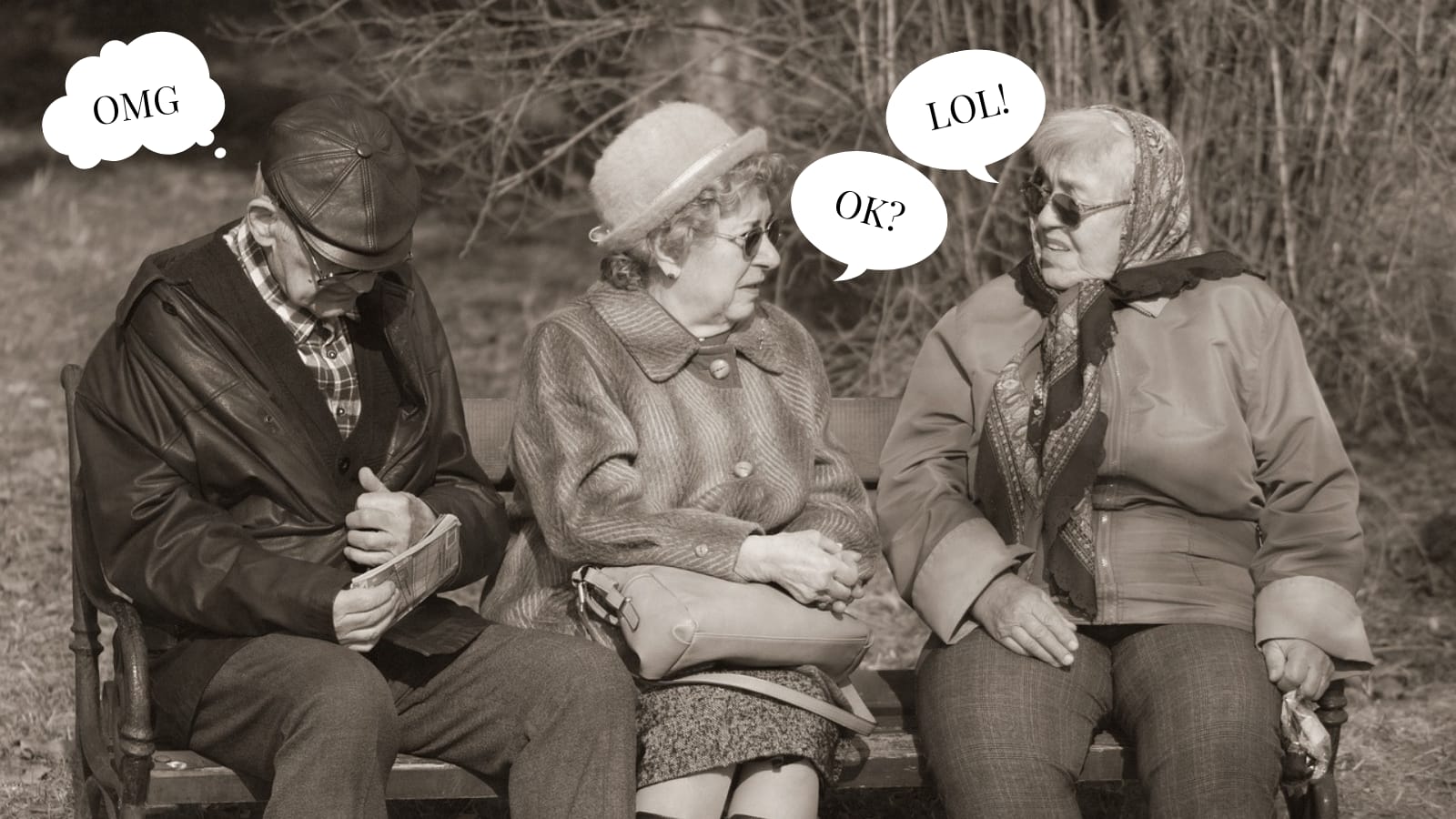 Image: three older people sitting on a bench, two women chatting, one man reading a book with speech bubbles that have teenage slang from a range of time! 