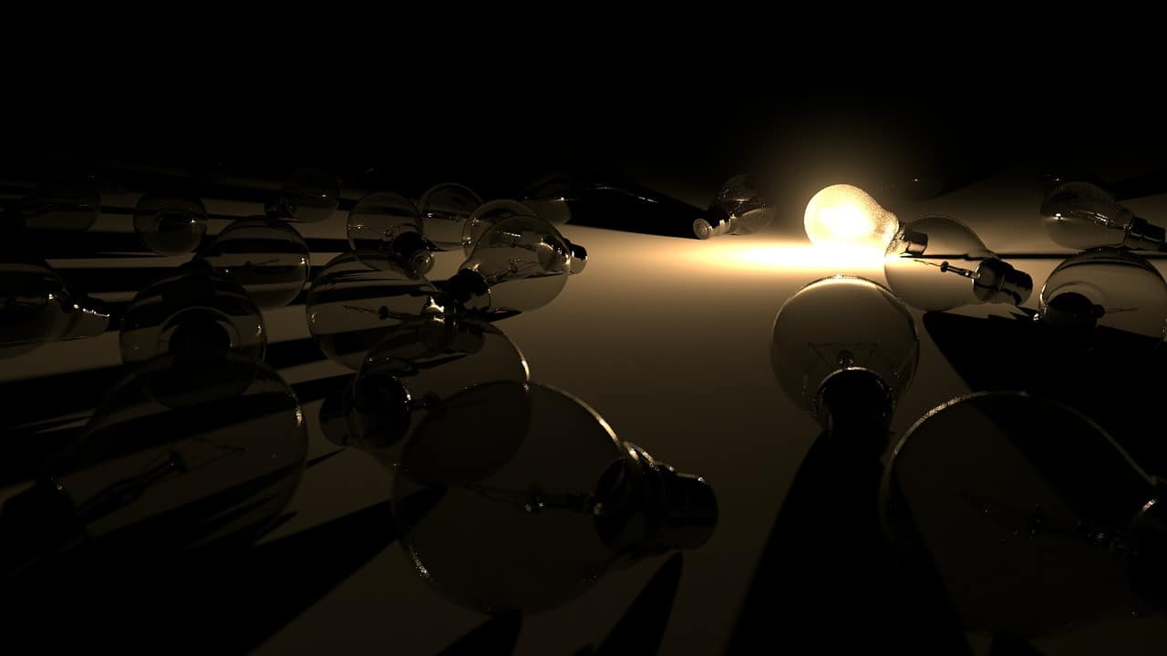 Image: dead lightbulbs surround a single illuminated bulb