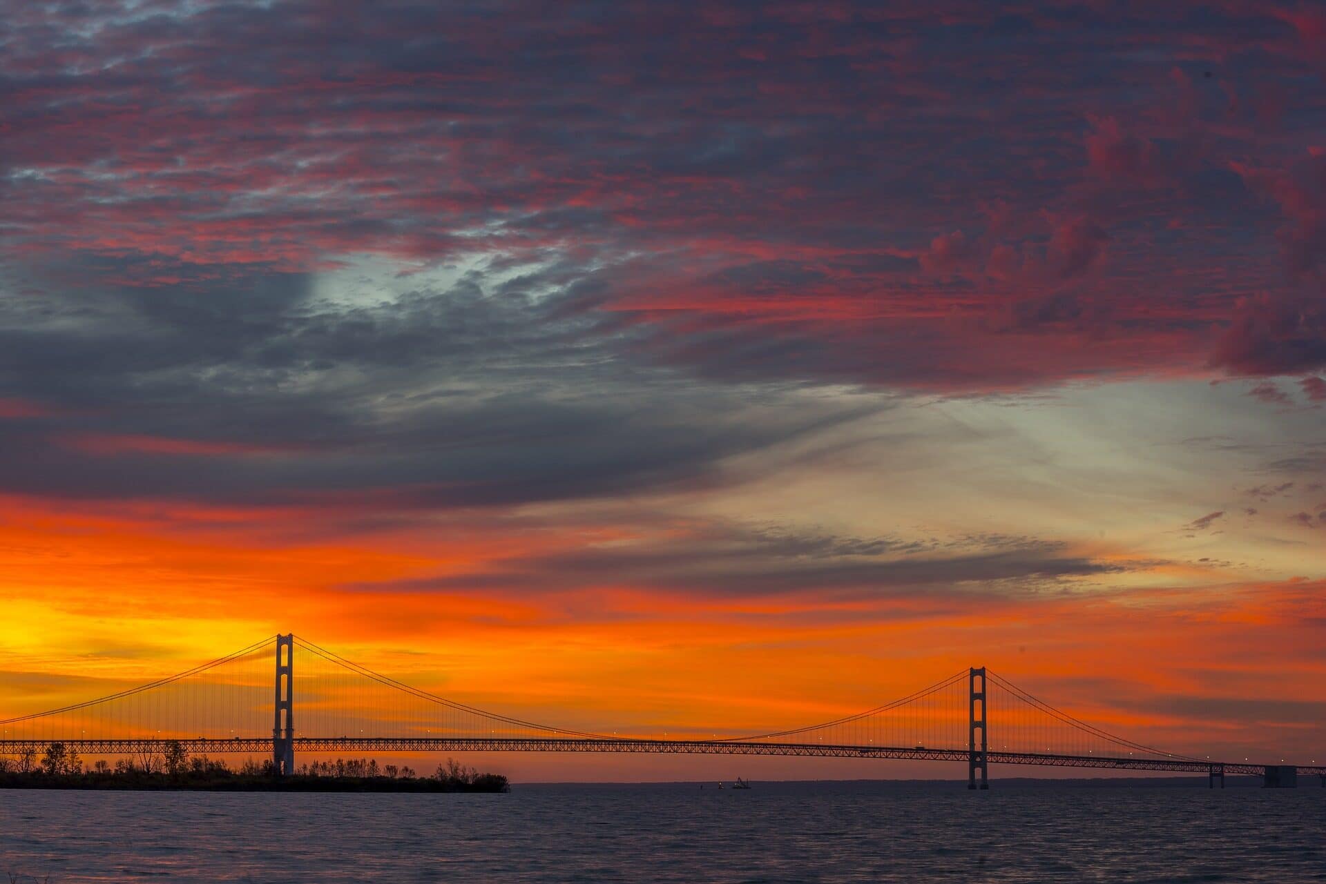 Image: Mackinac Bridge at sunset, where the Enbridge Line 5 pipeline runs