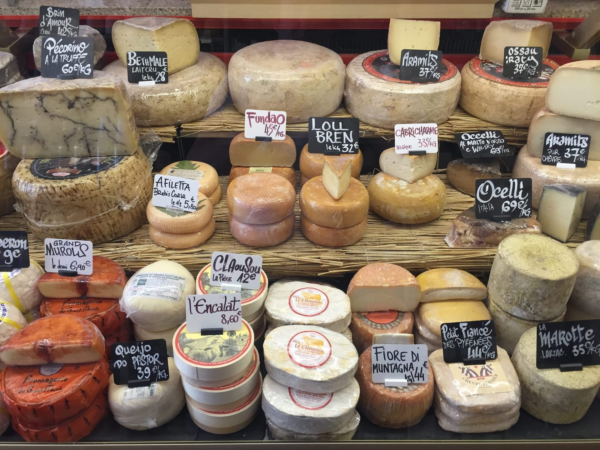 Image: variety of cheese at a market!
