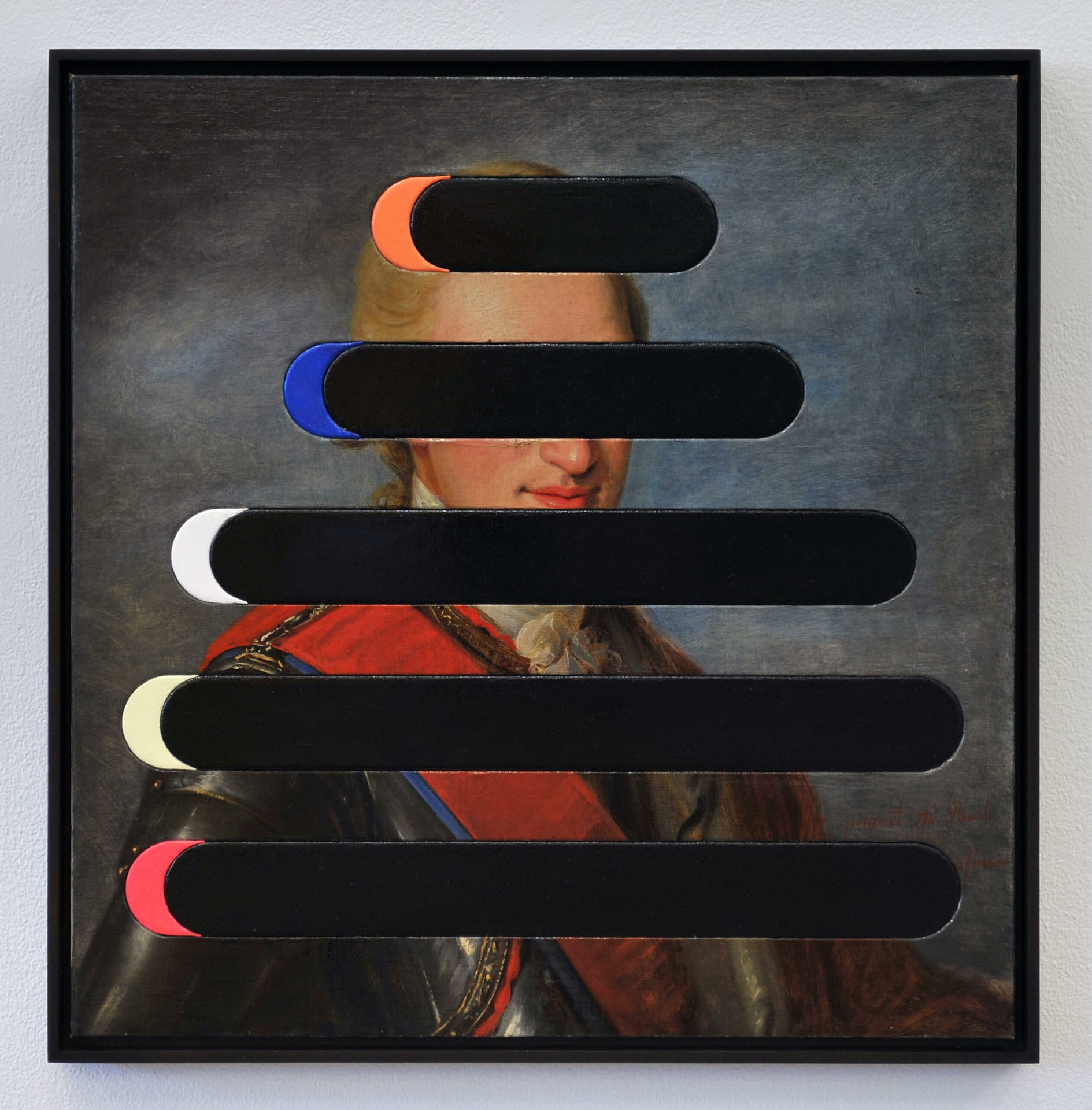 Image: five horizontal lines on top of an antique painting of a war general. Representing number of democracies worldwide: 1945 - 30, 1965 - 40, 1985 - 60, 2005 - 80, and 2015 - 85.