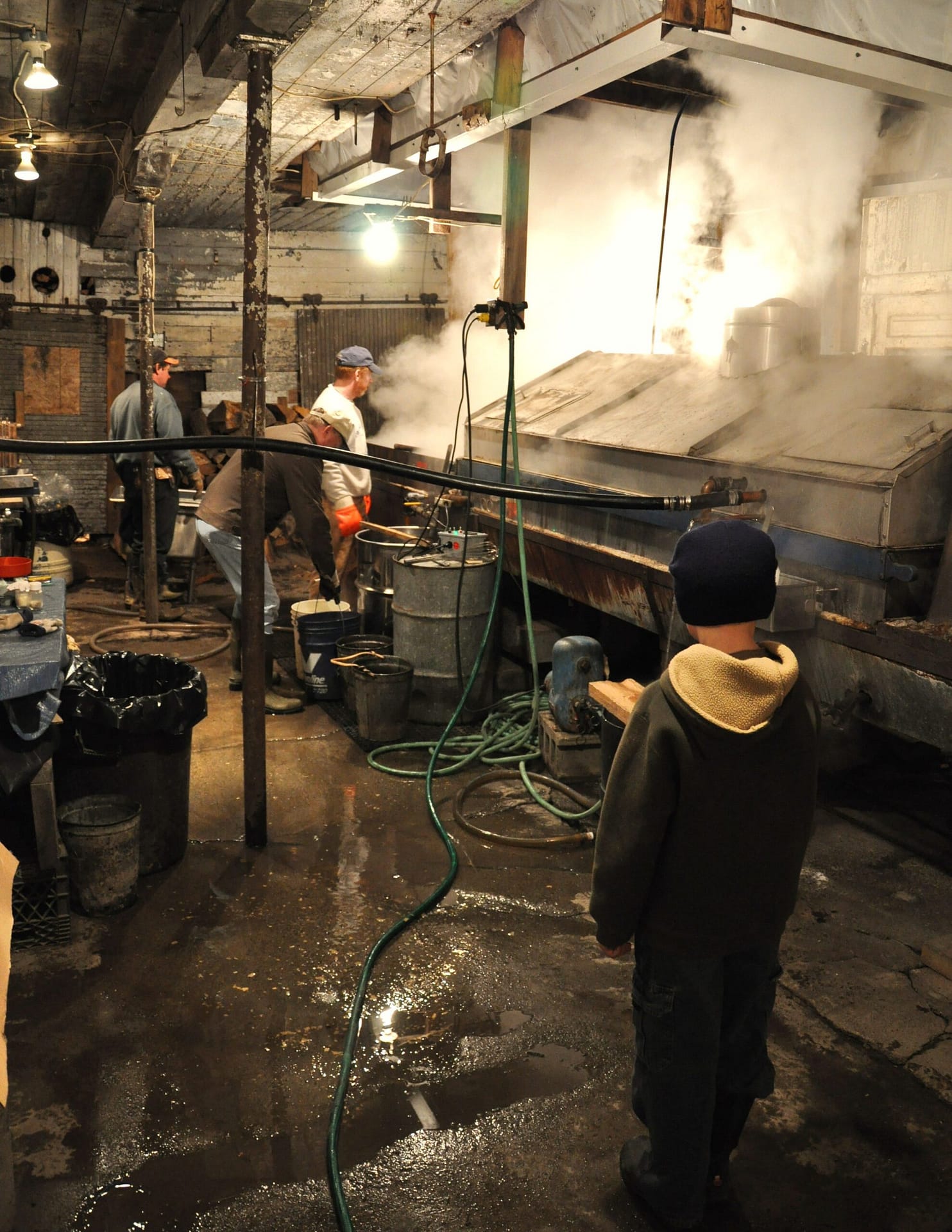 Image: Child looking on as people work around the evaporator rig at the sugar house