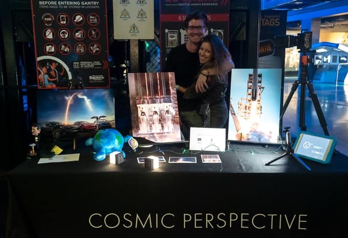 Image: Ryan Chylinski and MaryLiz Bender at their Cosmic Perspective augmented reality booth at Yuri’s Night 2019, NASA Kennedy Space Center.