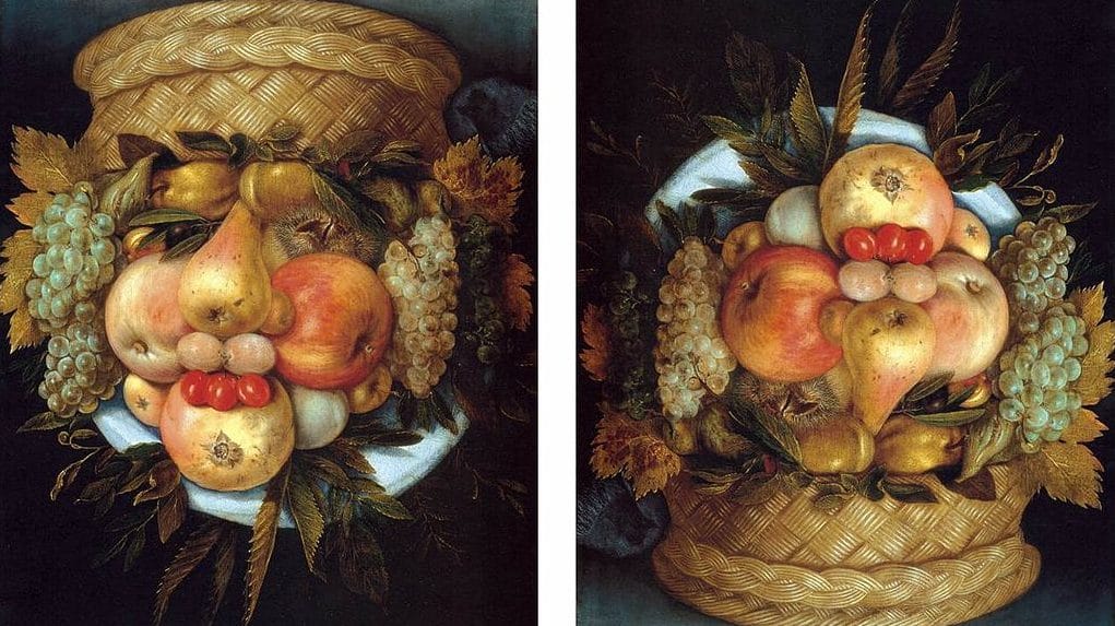 Image: Reversible Head with Basket of Fruit by Giuseppe Arcimboldo, showing how our perceptions of the same thing often lead us to make different assumptions.