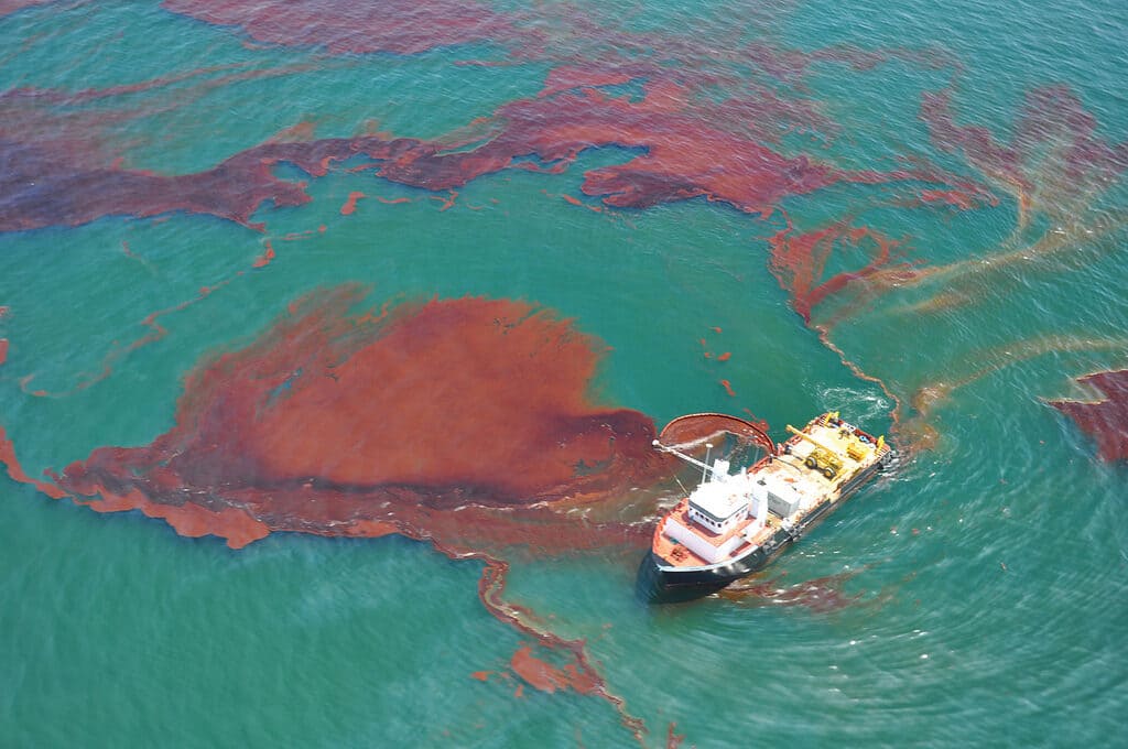 Image: rust colored oil in clear aqua blue water with a boat working to skim oil 
