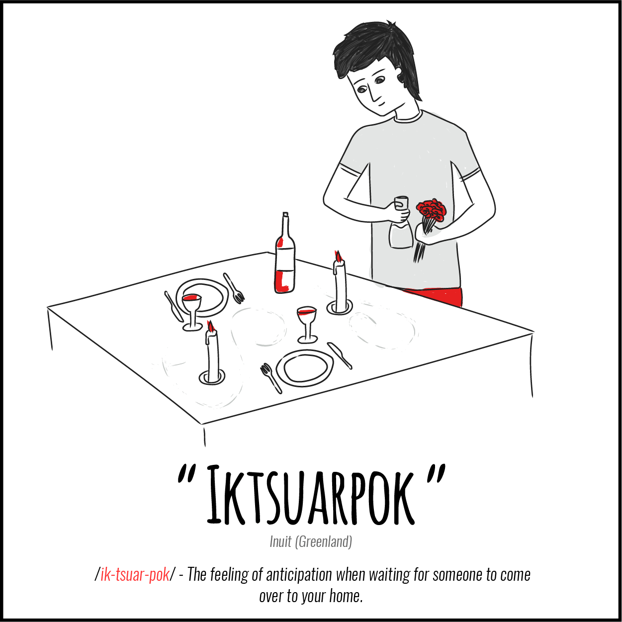 Illustration: Untranslatable Words about love, Iktsuarpok (Inuit, Greenland) The feeling of anticipation when waiting for someone to come over to your home