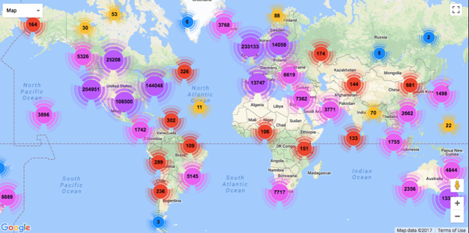 Image: Map of the world with data point already contributed by Litterati app