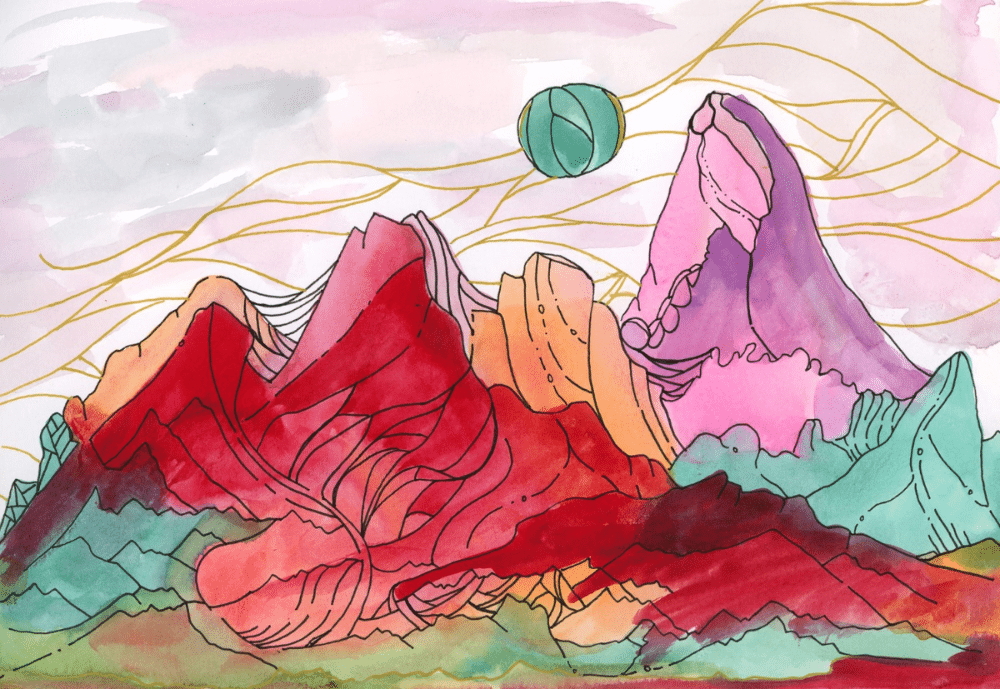 Image: Abstract Water Color painting of mountain range done by artist and activist Sarah Uhl 