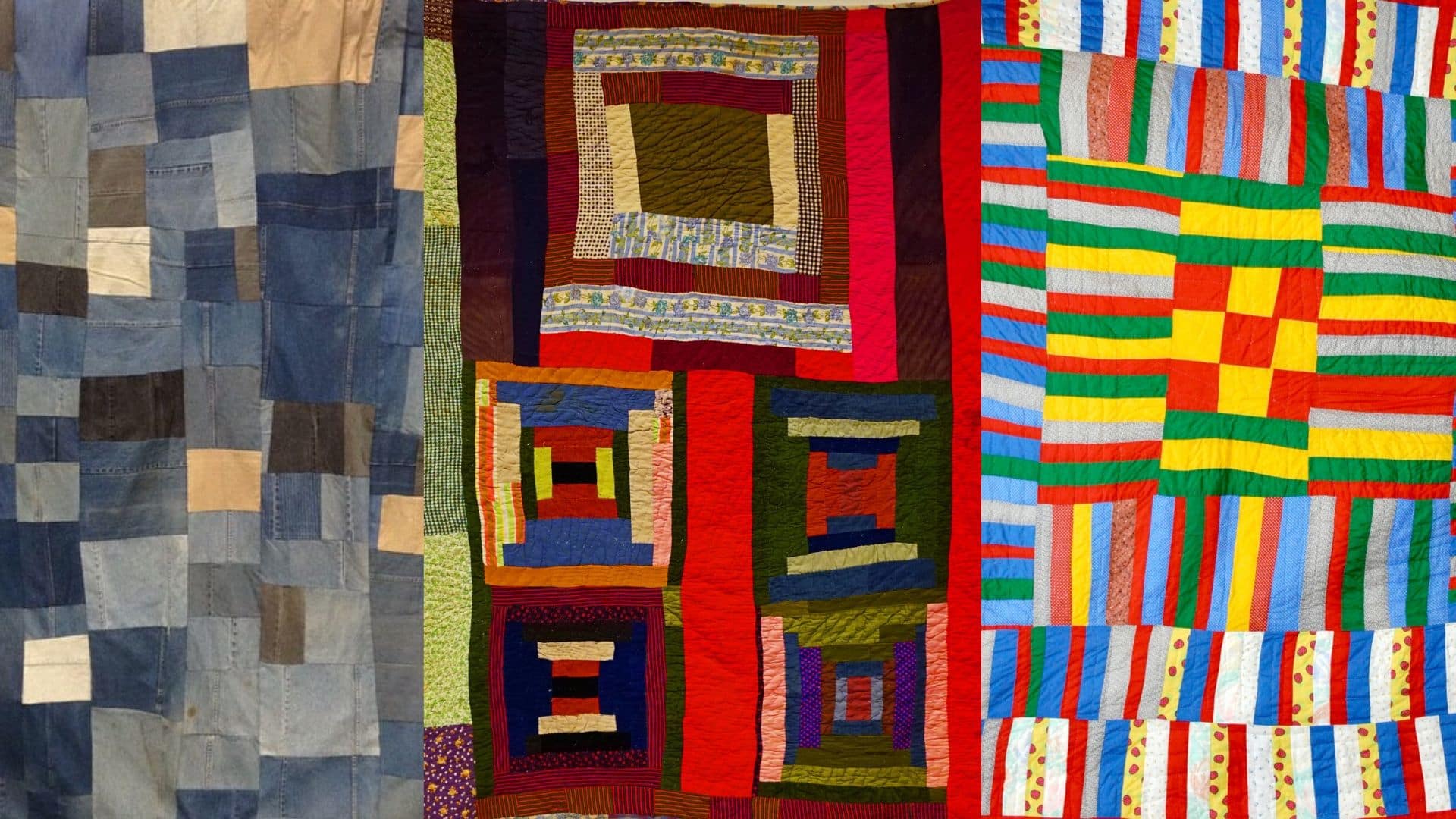 Image: collaged image of 3 Gee's bend quilts made of various colors of fabric