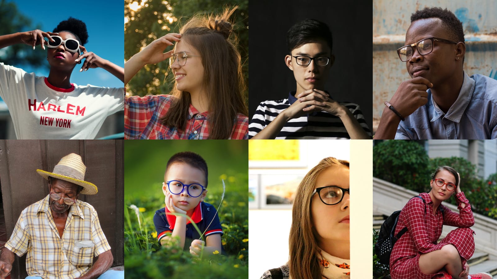 Image: People wearing different kinds of glasses, a slice of choices from the history of glasses