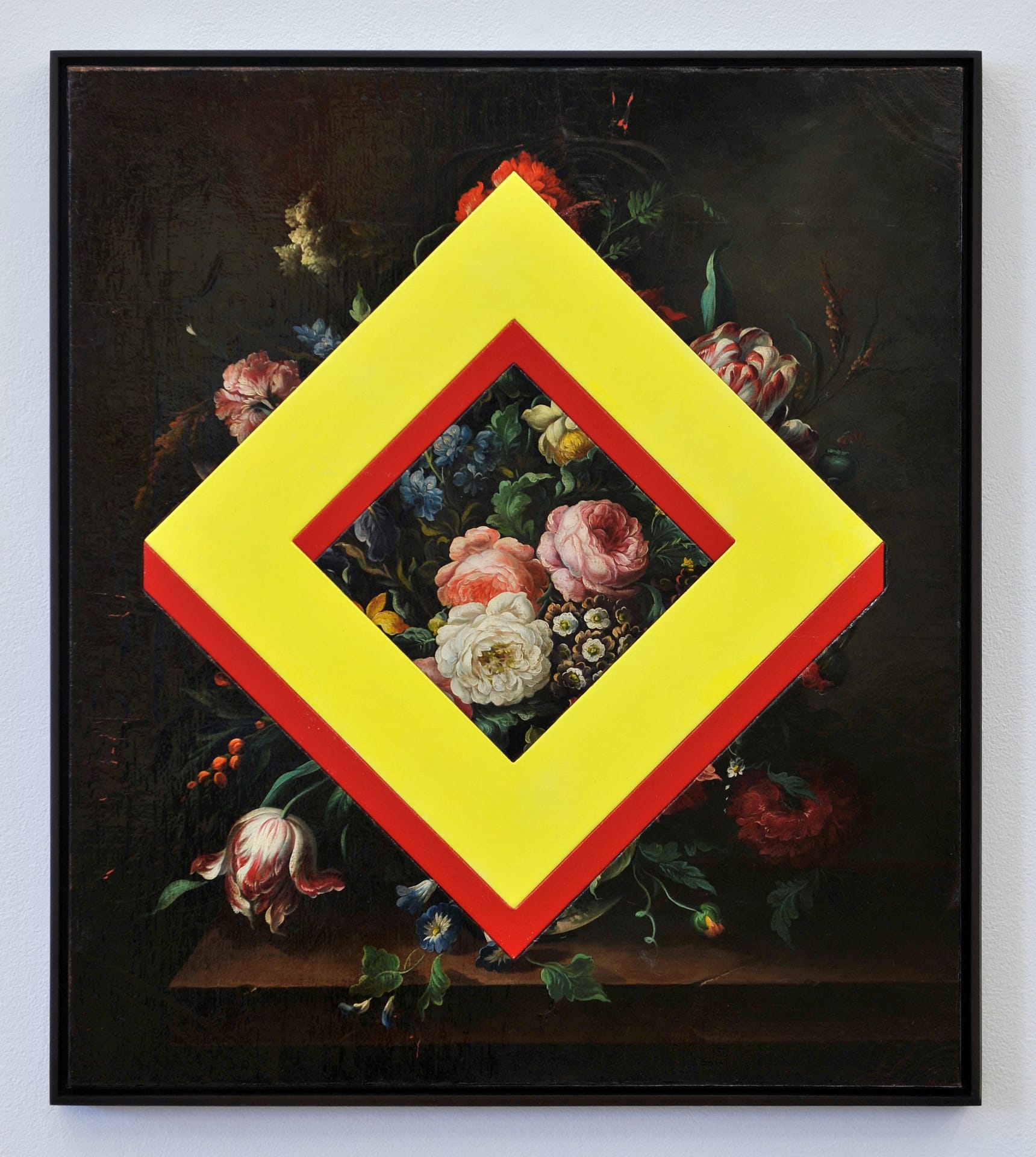 Image: A yellow diamond on an antique photo of flowers. Representing: Famine victims: yellow - 1860 and red - 2000. The first of many images made by Stefan Sagmeister to prove the world is getting better.