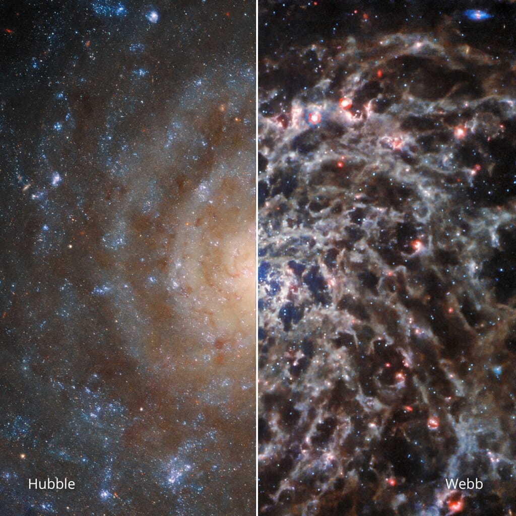 Image: Galaxy IC 5332 as imaged by both Hubble and the James Webb Space Telescope
