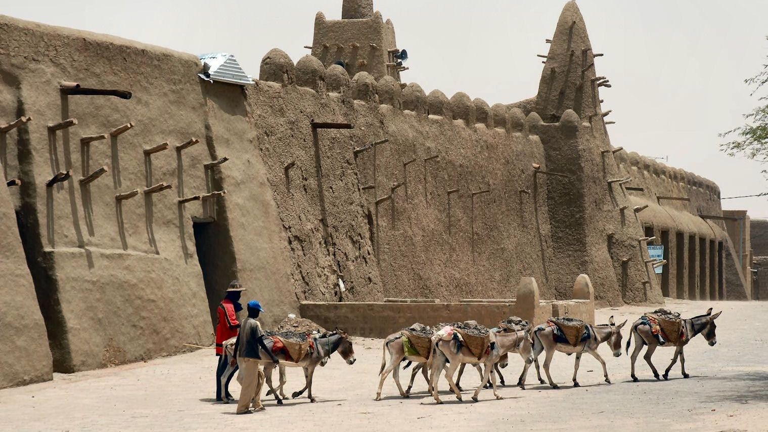 Image: Men walking with donkeys in front of a building in Kimbuktu