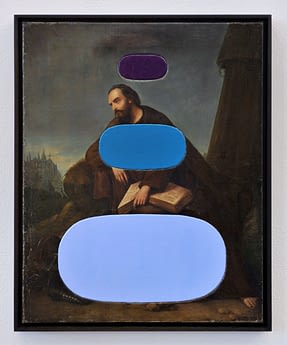 Image: three blue ovals on an antique painting of a man. Representing Literacy 1900, 1950, and 2000.