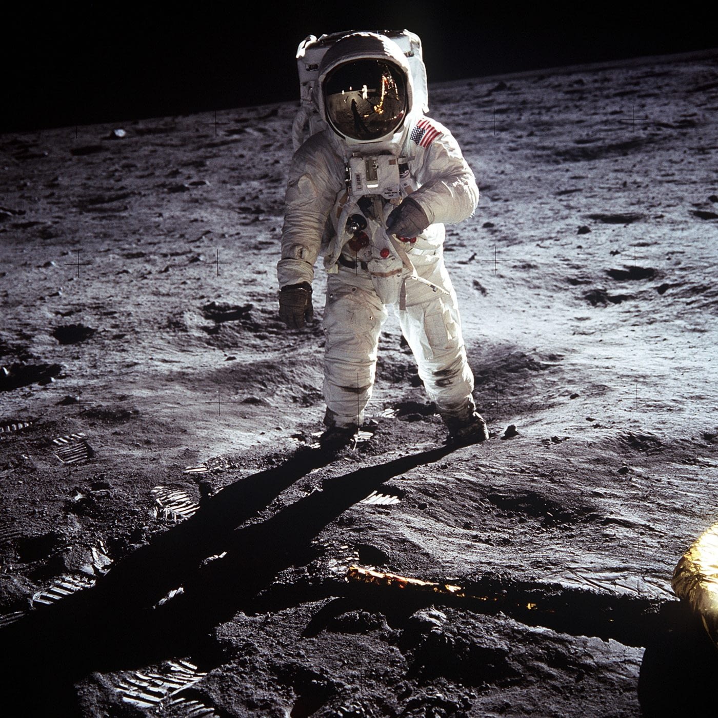 Image: Buzz Aldrin standing in a spacesuit on the moon