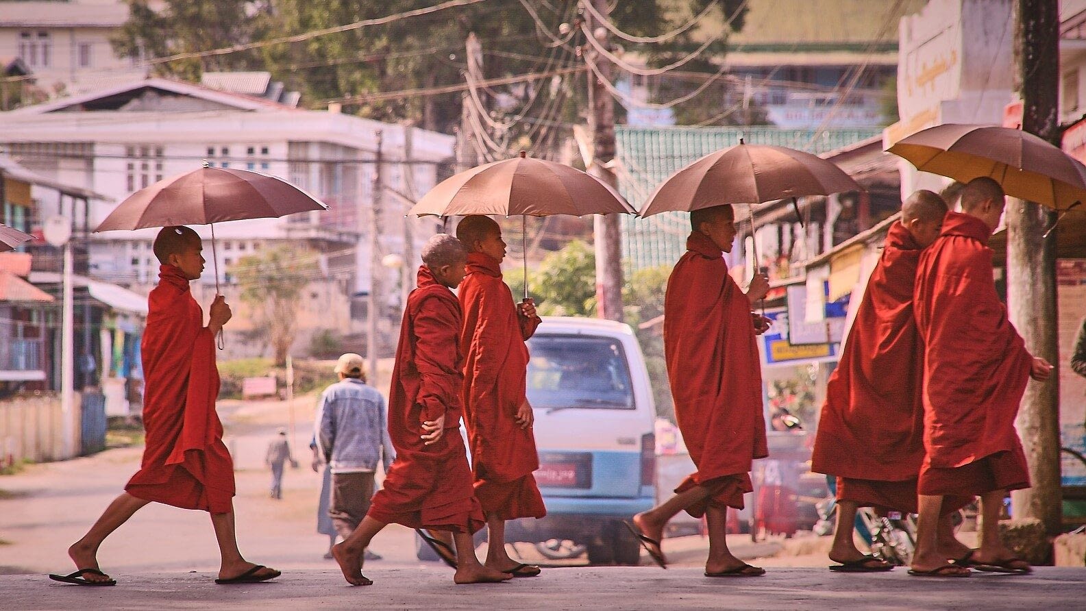 Image: Young monks wearing orange robes crossing the road with umbrellas