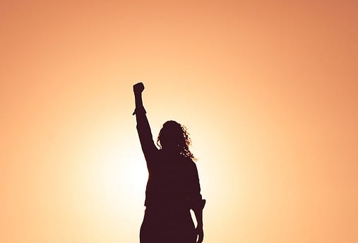 Image: The silhouette of a woman standing in front of a sunset orange background with her fist raised in the air. 