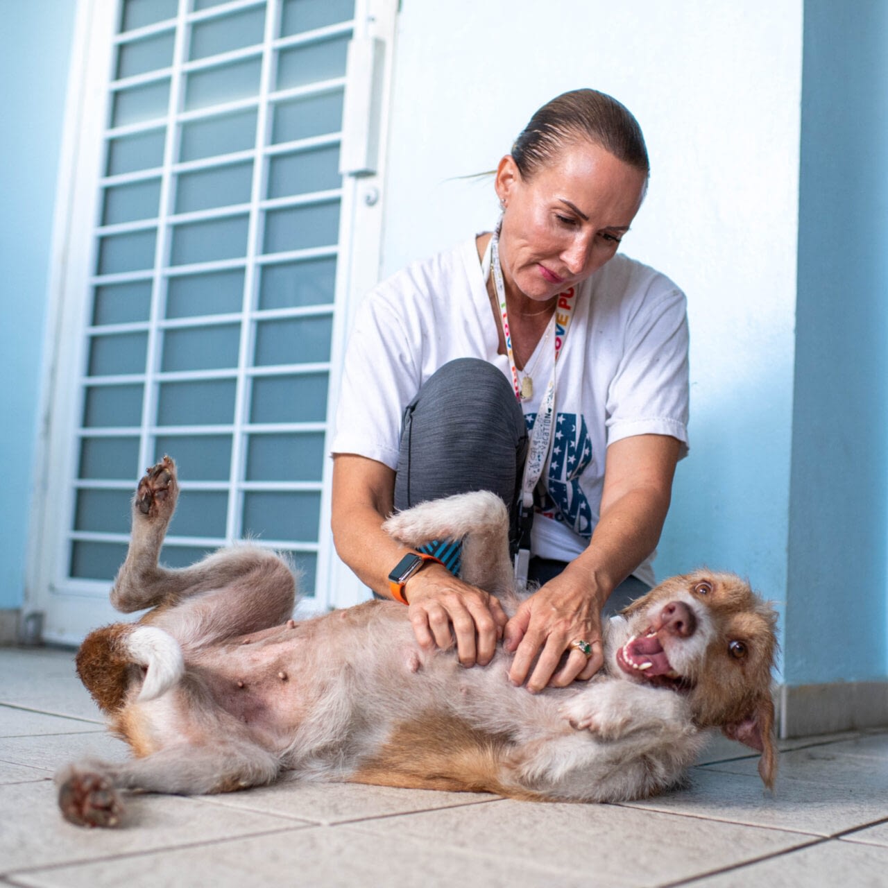 Image: Chrissy Beckles giving one lucky pup some belly scratches